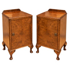 Art Deco Burr Walnut Night Stands On Cabriole Legs & Figured Walnut Fronts
