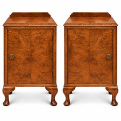 Art Deco Burr Walnut Night Stands On Cabriole Legs & Figured Walnut Fronts