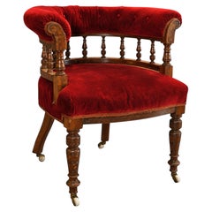 Victorian Captains Chair, Red Velvet Upholstery, Porcelain Castors, UK