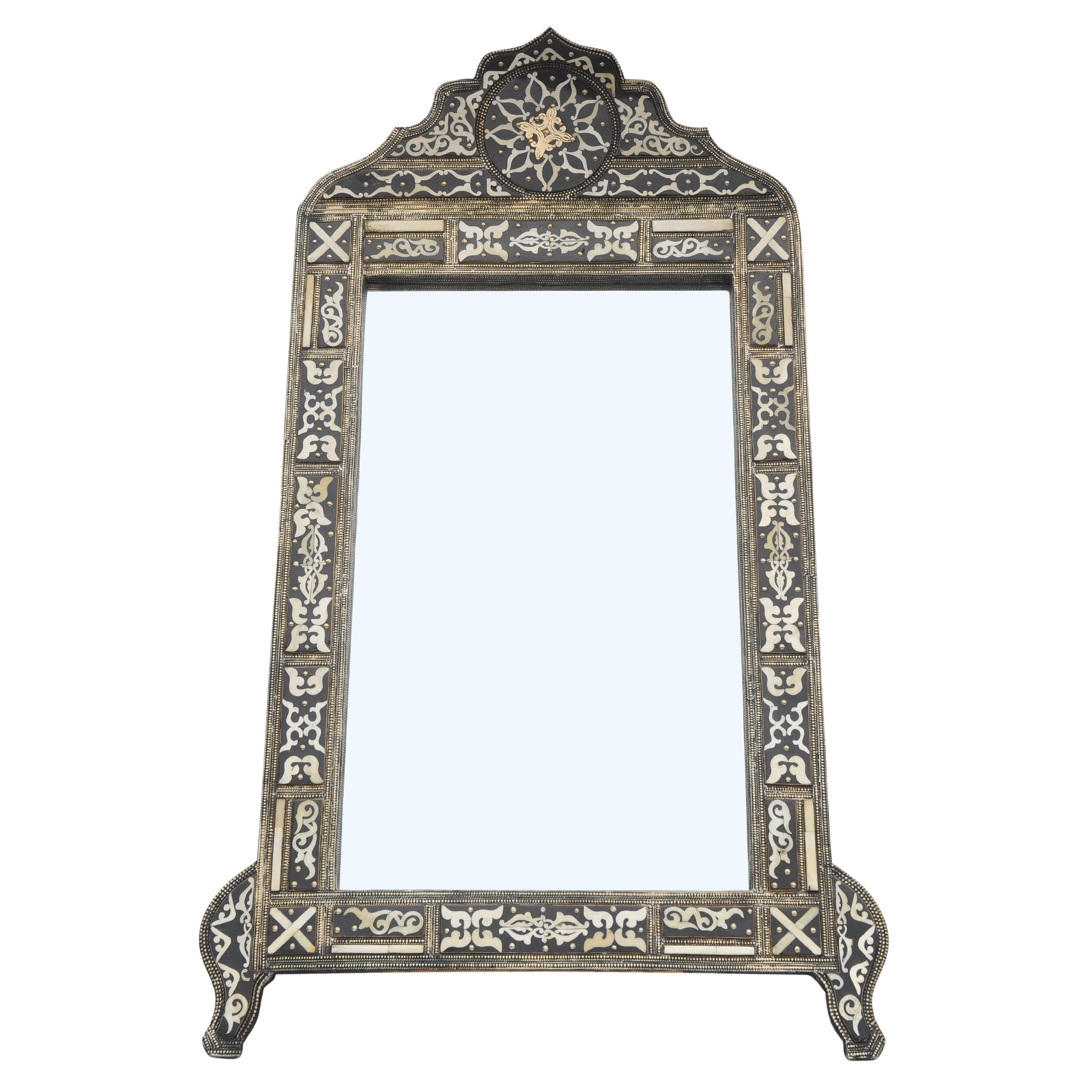 19th Century Damascene Syrian Mirror With Bone Inlay & Silvered Metal