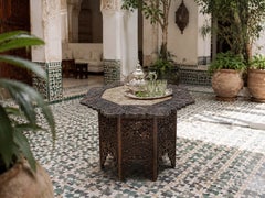 Asian Octagonal Occasional Table with Carved Hardwood & Brass, 1800s