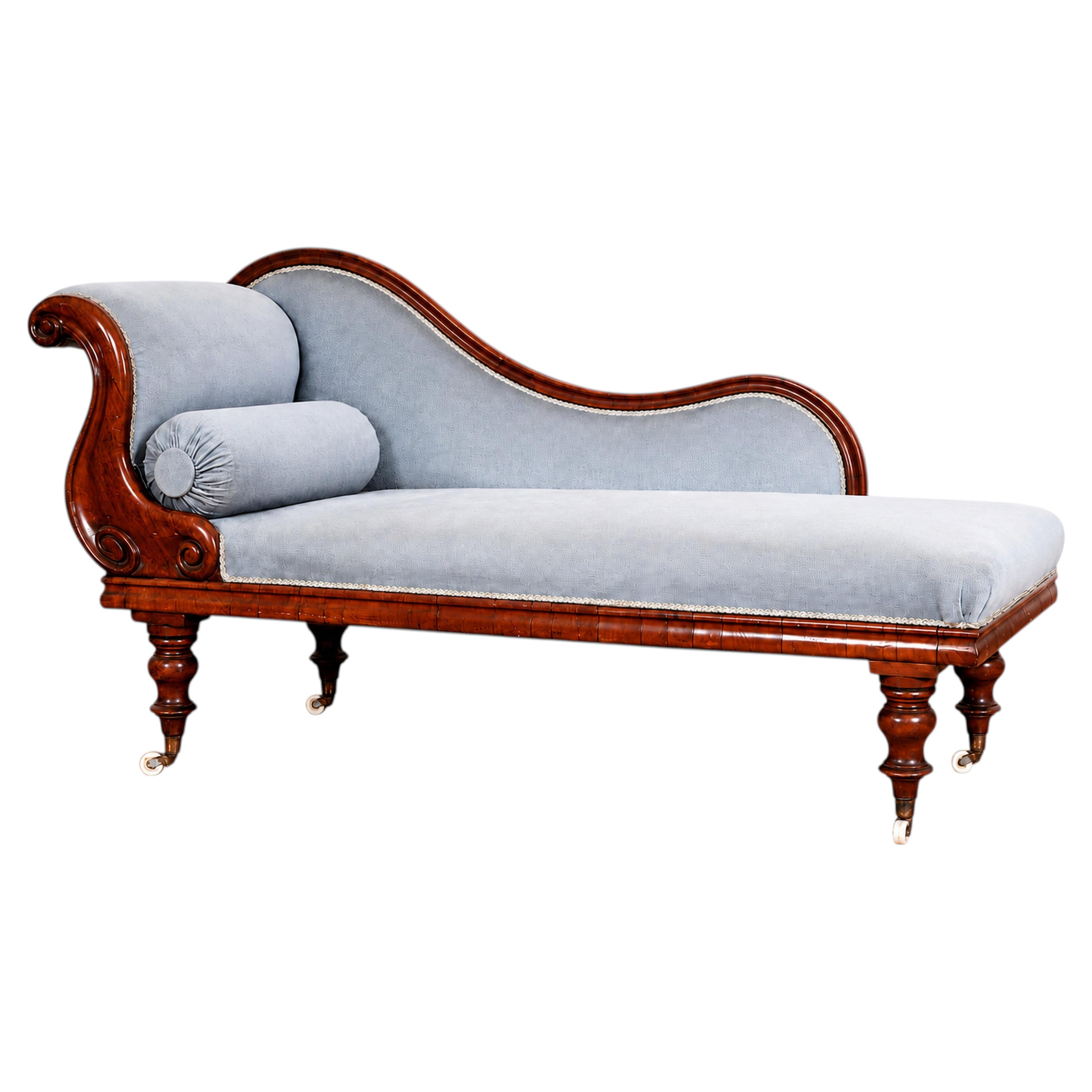 19th Century Mahogany Chaise Longue with Duck Egg Blue Upholstery and Scroll Arm