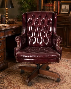 Victorian Style Polished Leather Executive Desk Chair, USA, 1970s