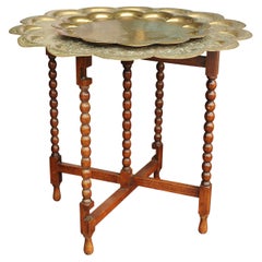 Antique Elegant Eastern Brass Drinks Table With Two Tiered Trays On An Oak Bobbin Base