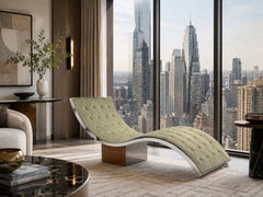 Elegant Art Deco Style Chrome Pale Green Leather Chaise Longue, Day Bed On Wood