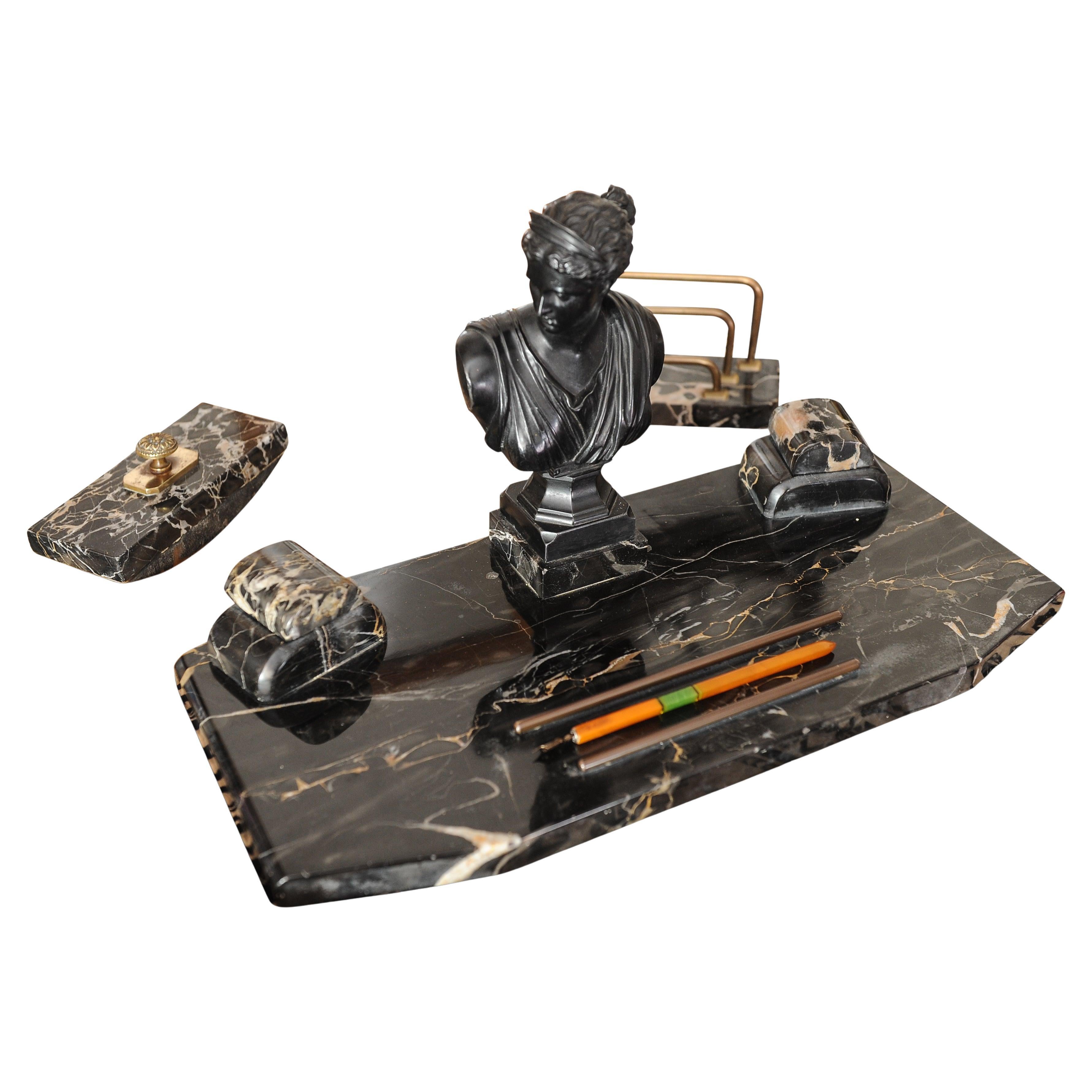 Antikes viktorianisches klassisches dreiteiliges Schreibtisch-Set aus Marmor und Bronze, Grand Tour (Empire Revival) im Angebot