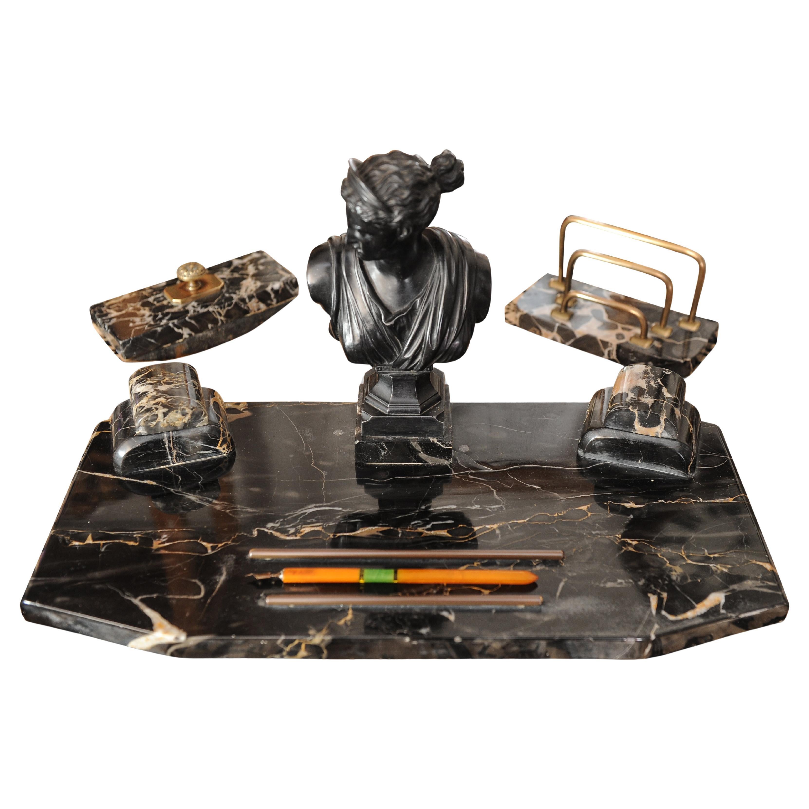 Antique Grand Tour Victorian Classical Marble & Bronze Three Piece Desk Set