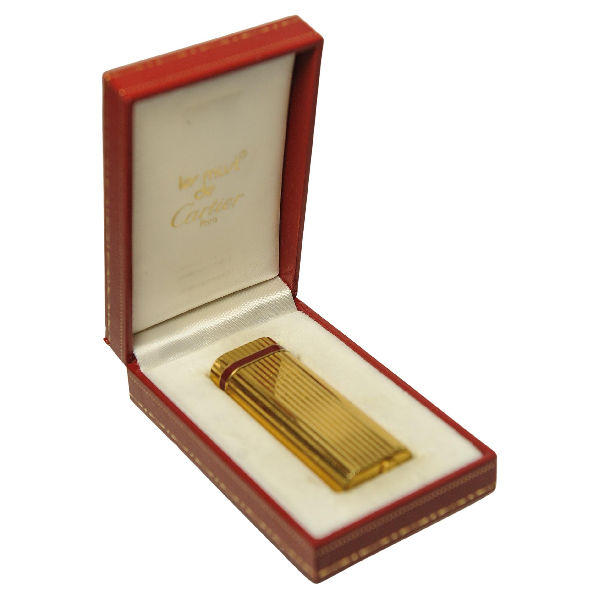 Cartier Elegant Gold Plated Ribbed Godron Cigarette Lighter With Cartier Box For Sale at 1stDibs