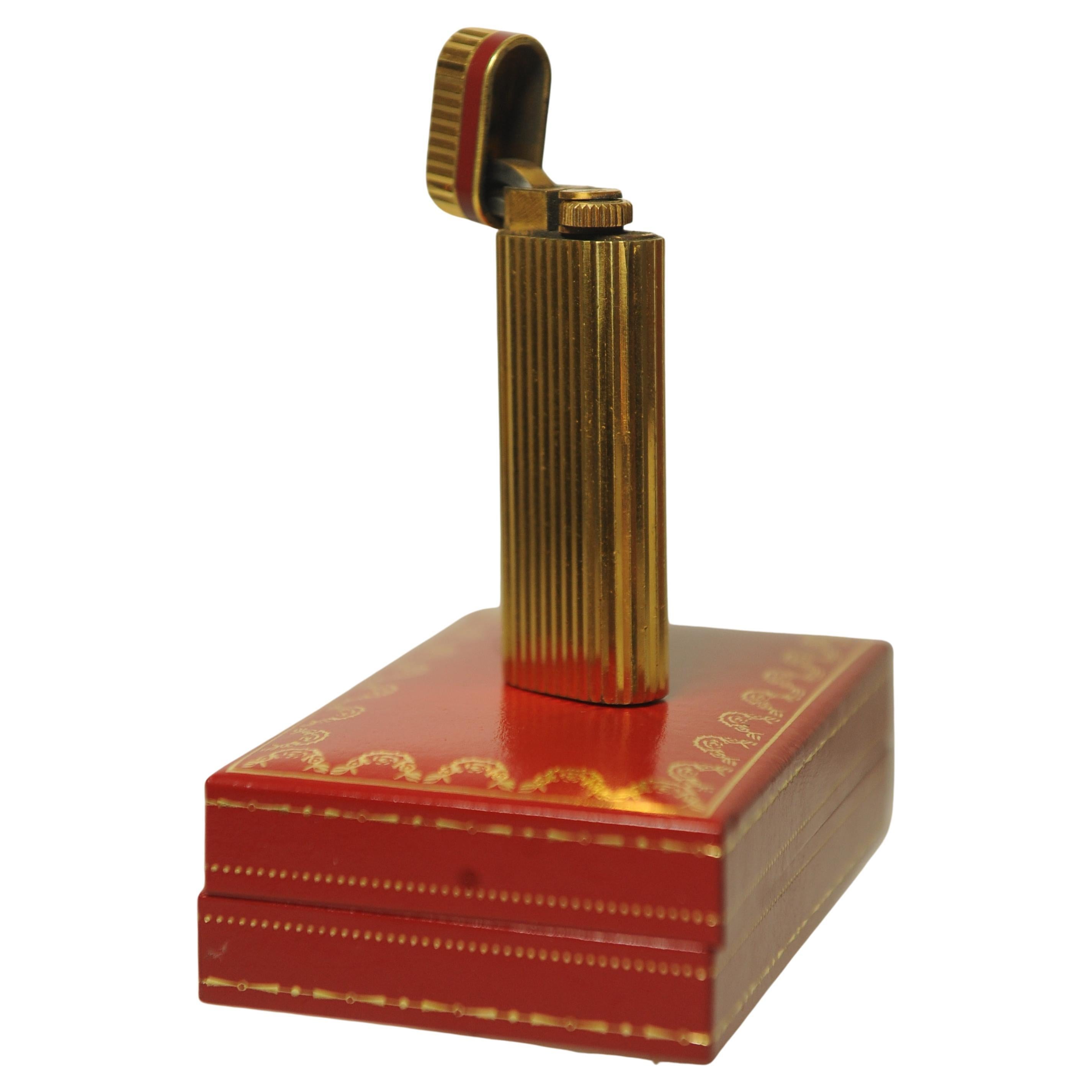20th Century Rare Cartier 18ct Gold Plate Ribbed Godron Cigarette Lighter With Cartier Box For Sale