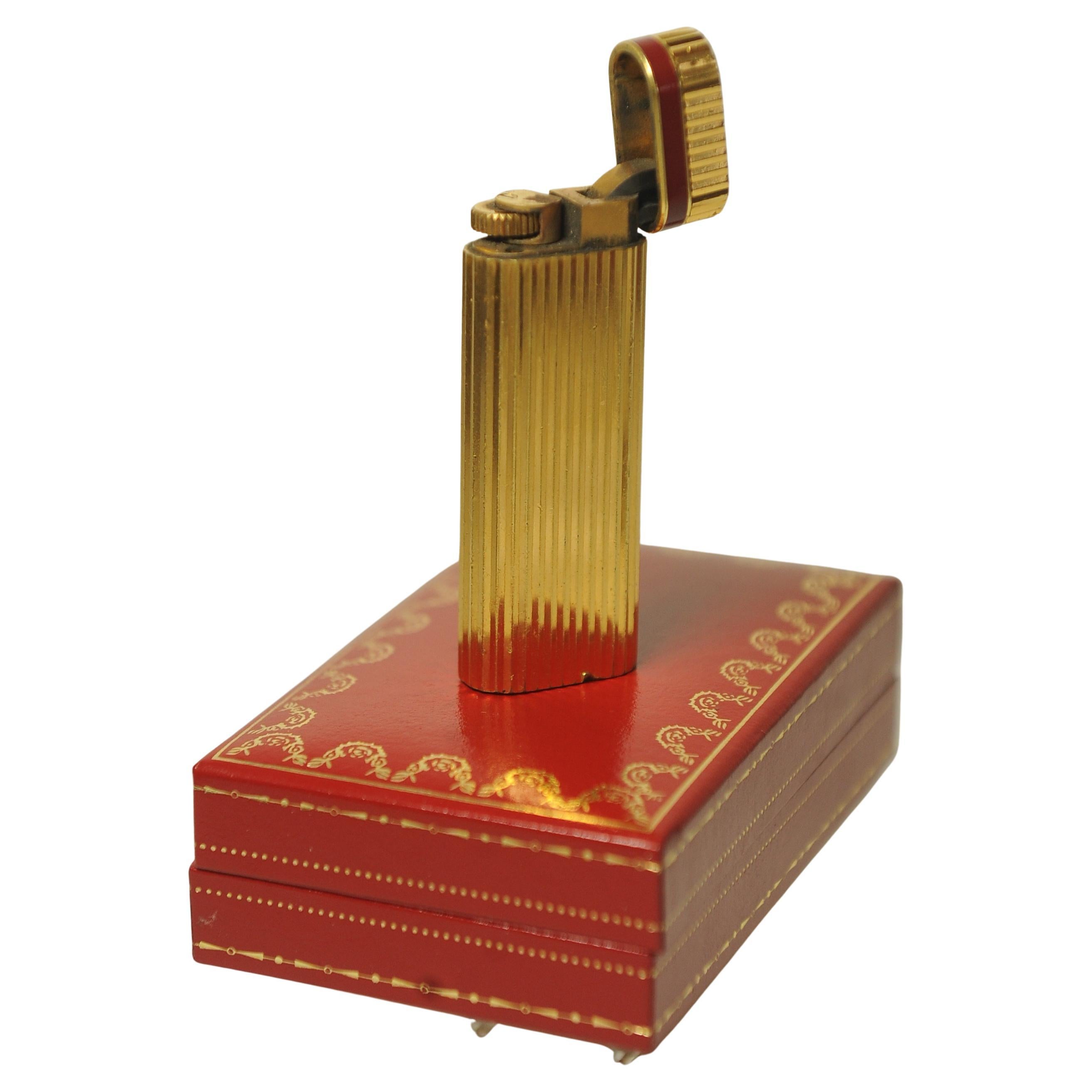 Art Deco Rare Cartier 18ct Gold Plate Ribbed Godron Cigarette Lighter With Cartier Box For Sale