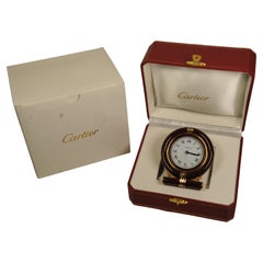 Vintage Cartier Circular Quartz Movement Desk Clock Gilt Metal and Brown Enamel