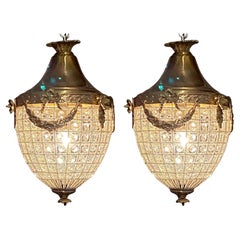 A Pair of Regency Design Acorn Basket Chandeliers With Wire Beaded Sections