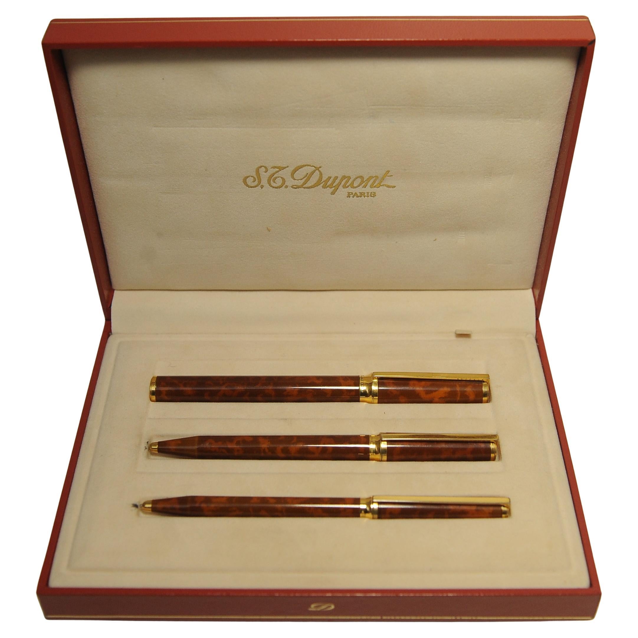 Rare Set of S.T DuPont of Paris Montparnasse Brown Marble Lacquered Writing Set