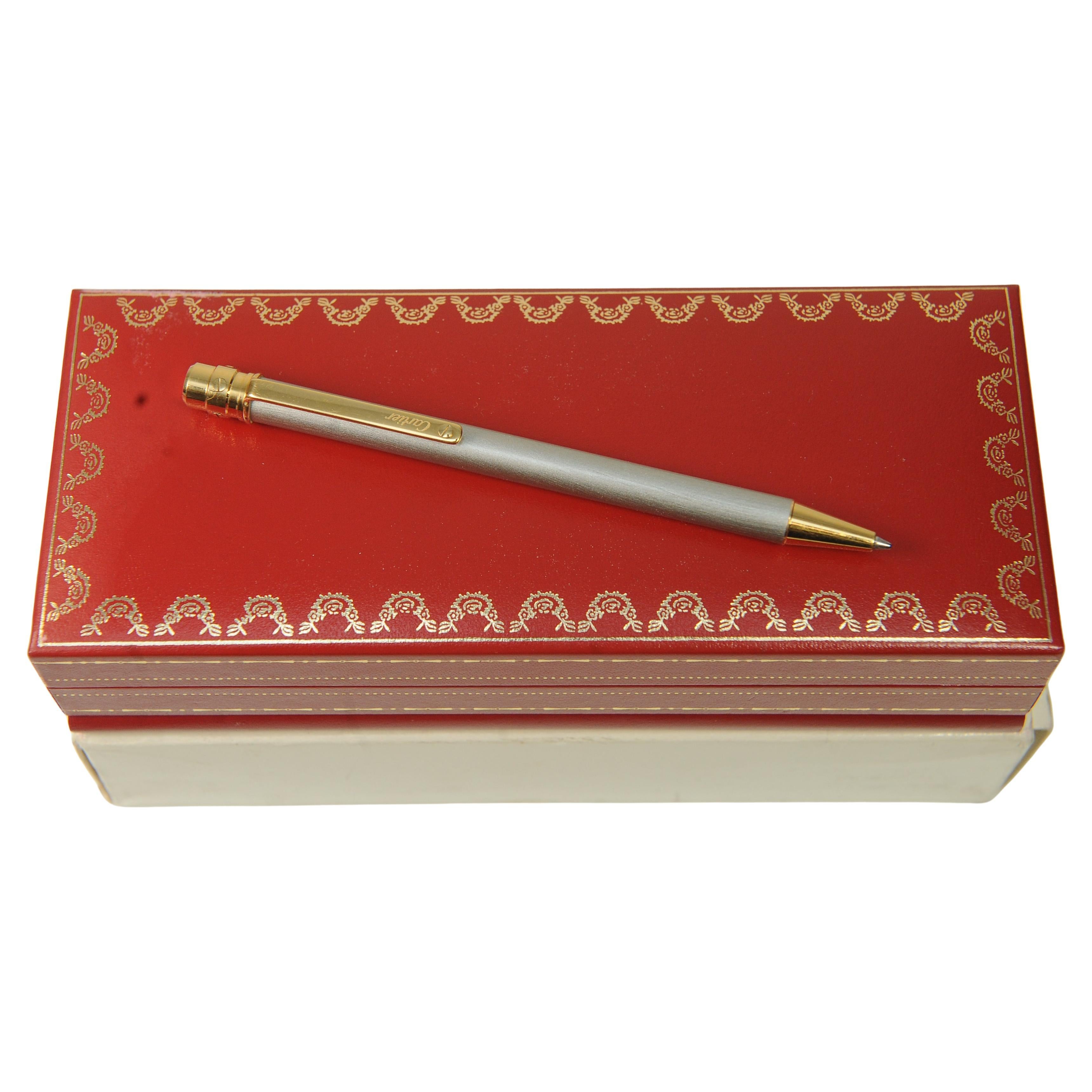 French Cartier 18ct Gold Plated & Brushed Steel Ballpoint Pen in Original Box For Sale