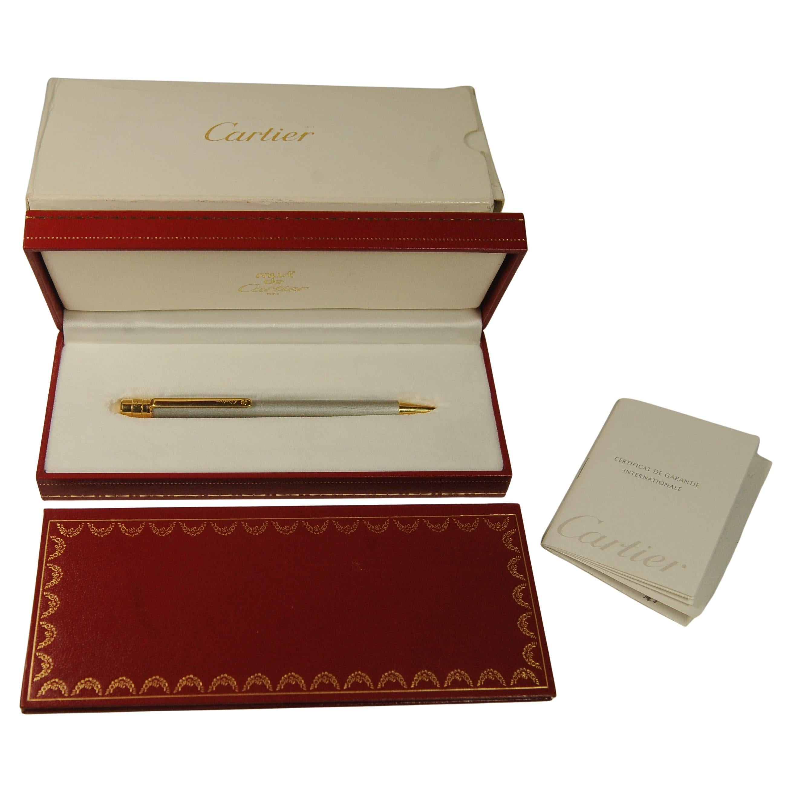 Cartier 18ct Gold Plated & Brushed Steel Ballpoint Pen in Original Box For Sale 4