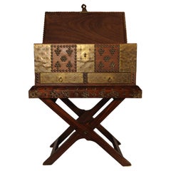 Antique 1800's Moorish Brass & Hardwood Decorative Box on Folding Brass Studded Stand