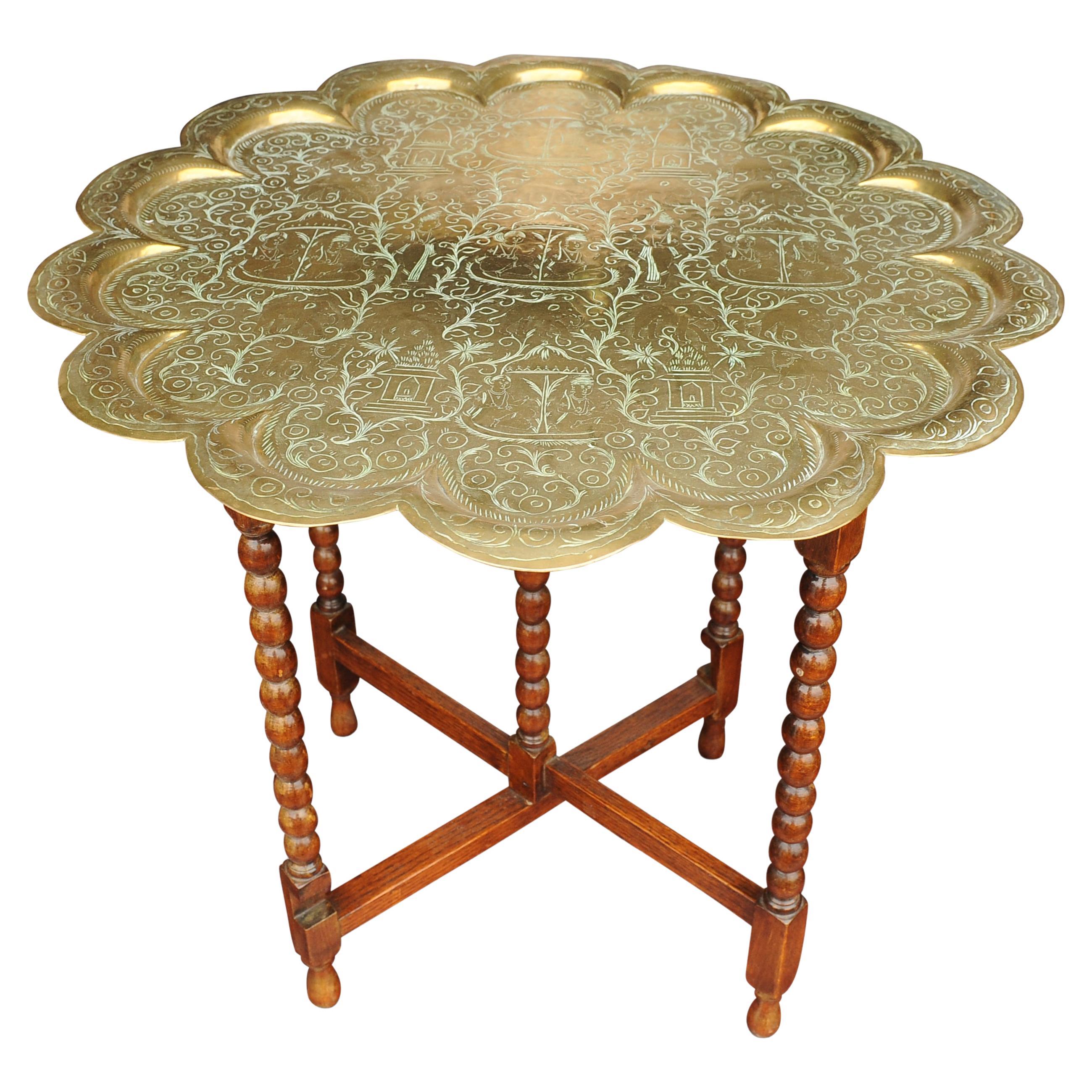 Rare Antique Arabian Drinks Table With Lift Off Brass Trays & Bobbin Stand For Sale