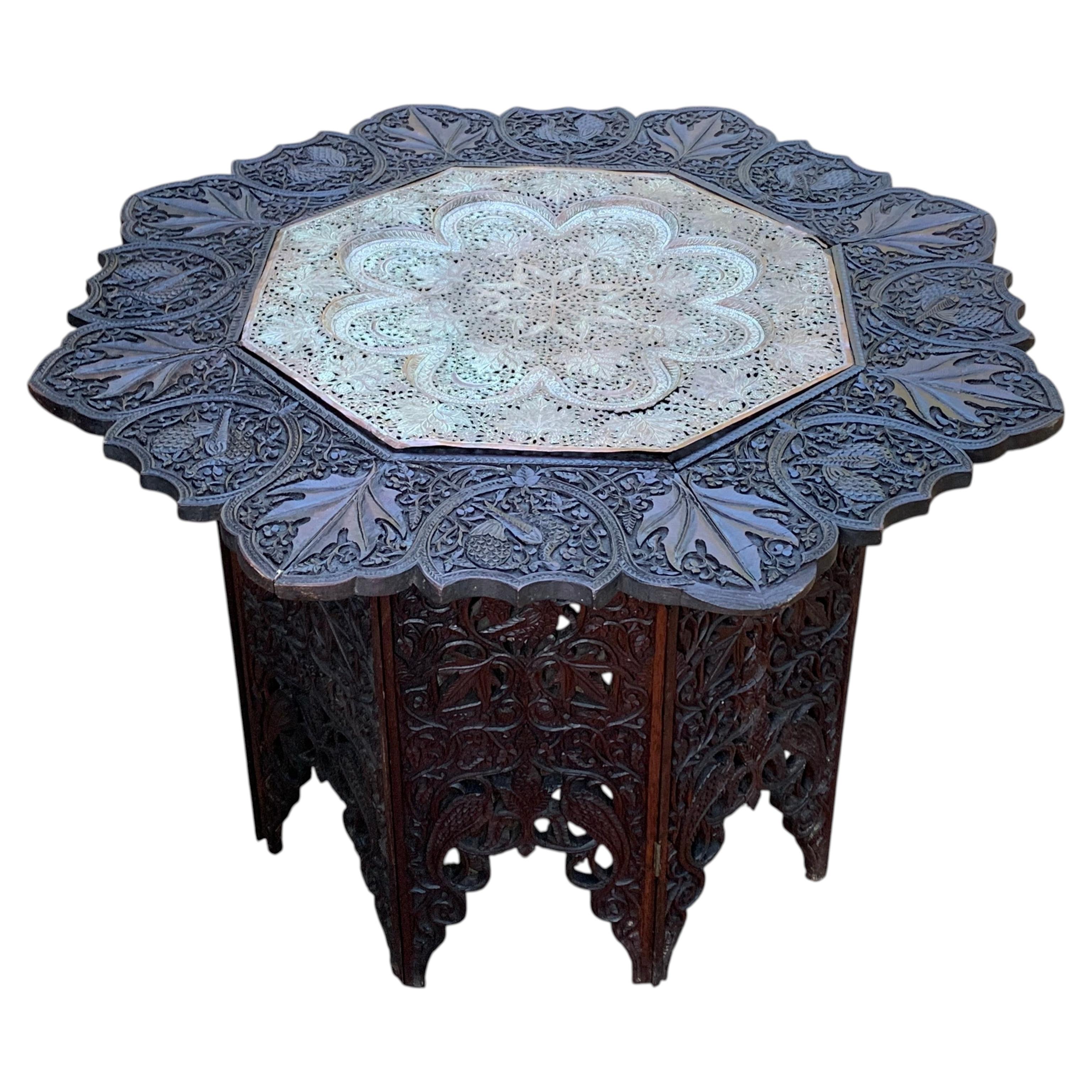 Antique Ornately Carved Eastern Hardwood and Hammered Brass Table