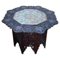 Antique Ornately Carved Eastern Hardwood and Hammered Brass Table