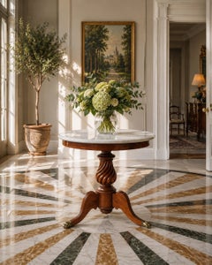 19th Century Marble Gueridon Table With Turned Wood Column & Brass Paw Feet