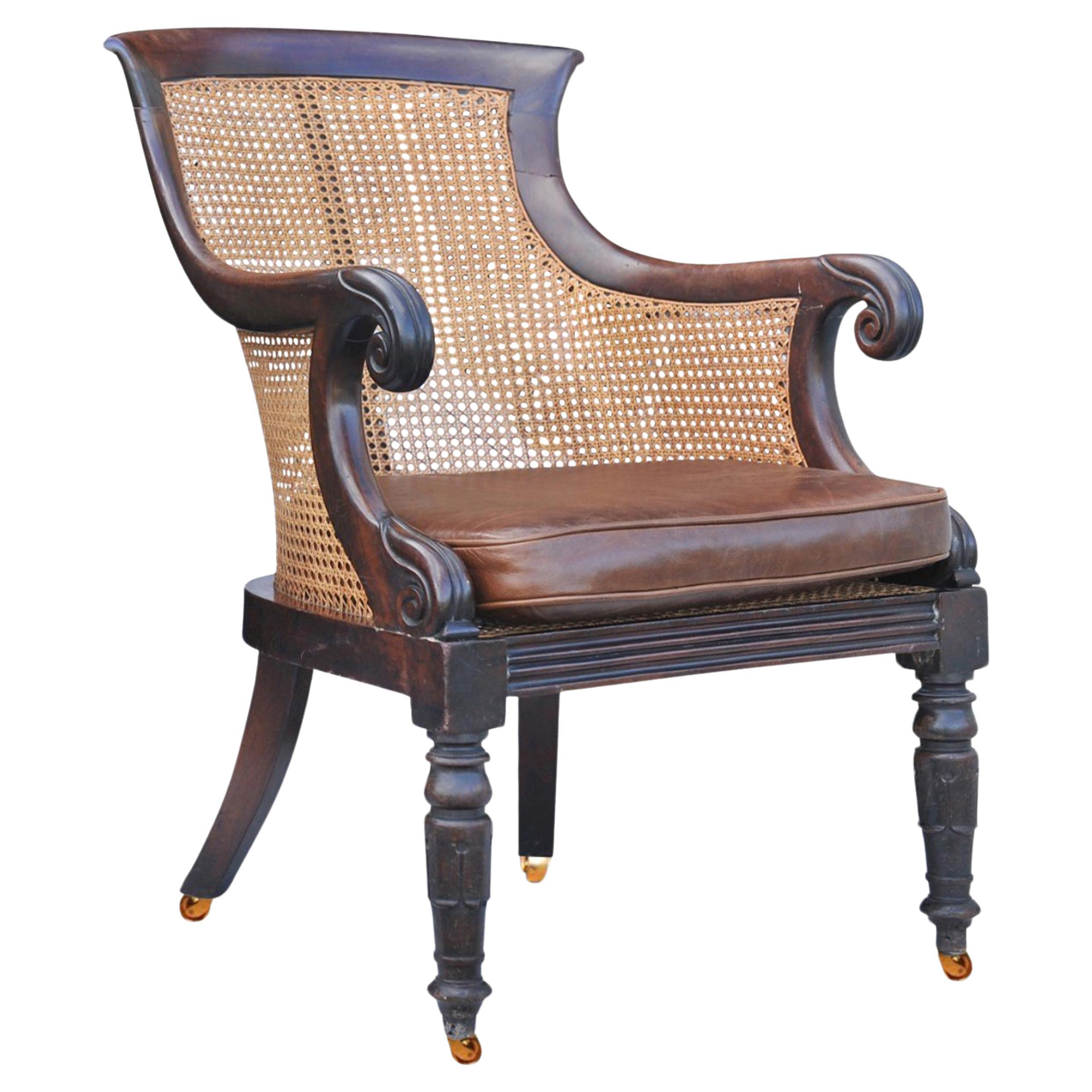 William IV Hardwood Cane Bergere Library Armchair With Scrolled Arms on Castors For Sale