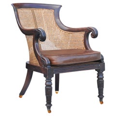 William IV Hardwood Cane Bergere Library Armchair With Scrolled Arms on Castors