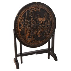 Chinese Carved Hardwood Tilt Top Glazed Gate-Leg Circular Tea Table
