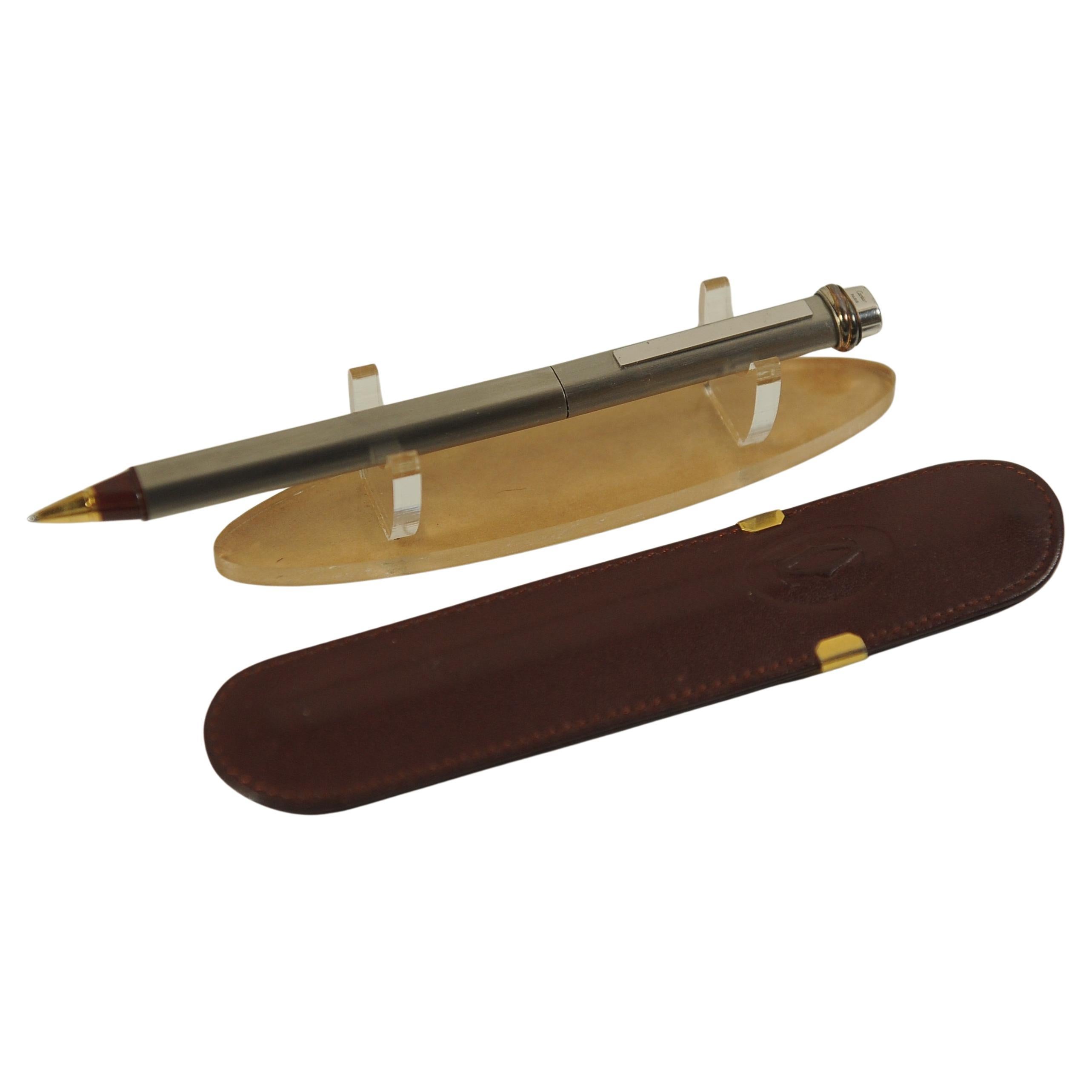 Art Deco Cartier 18ct Gold Plate Nib Vendome Trinity Brushed Ballpoint Pen, Leather Case For Sale