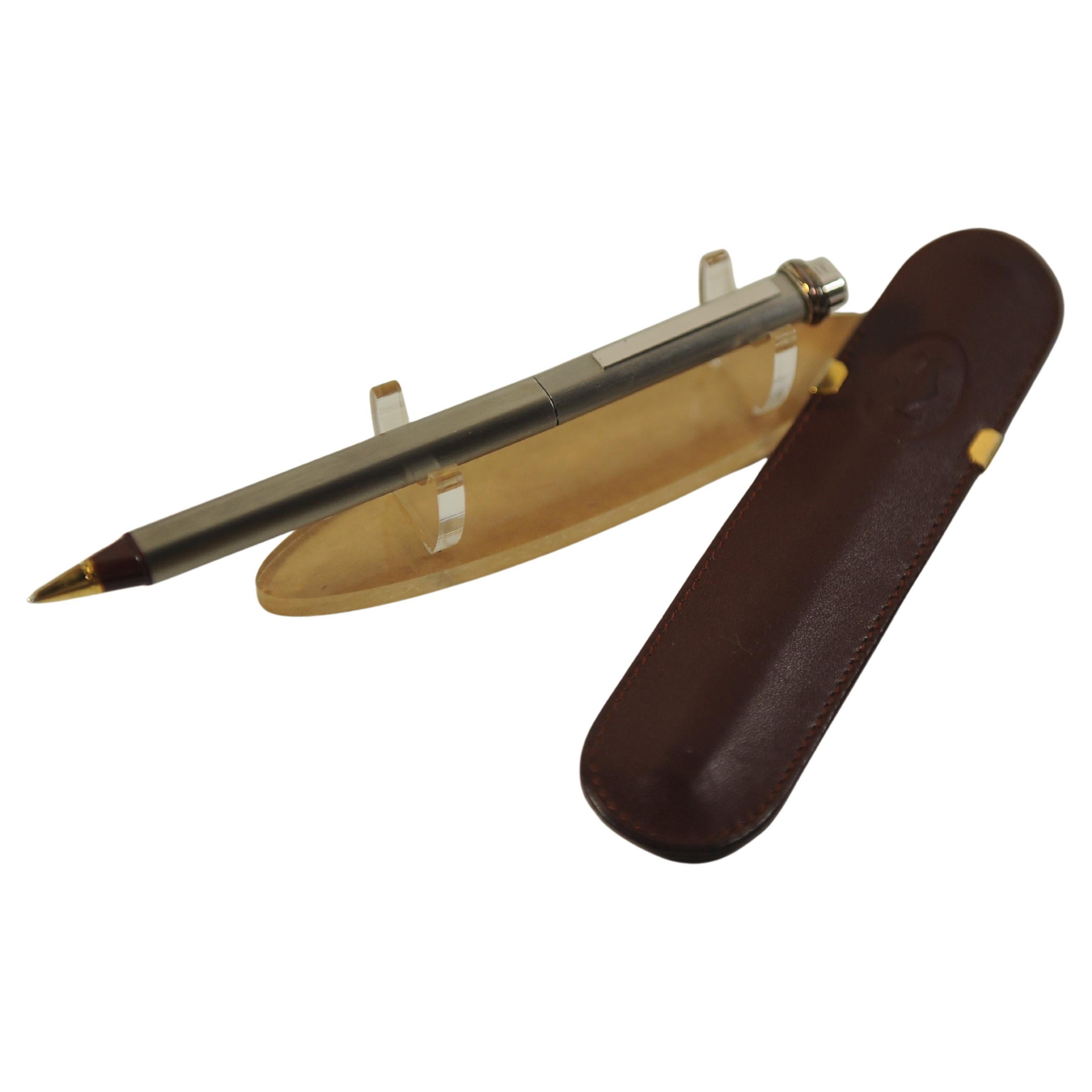 Cartier 18ct Gold Plate Nib Vendome Trinity Brushed Ballpoint Pen, Leather Case In Good Condition For Sale In Reading, Berkshire