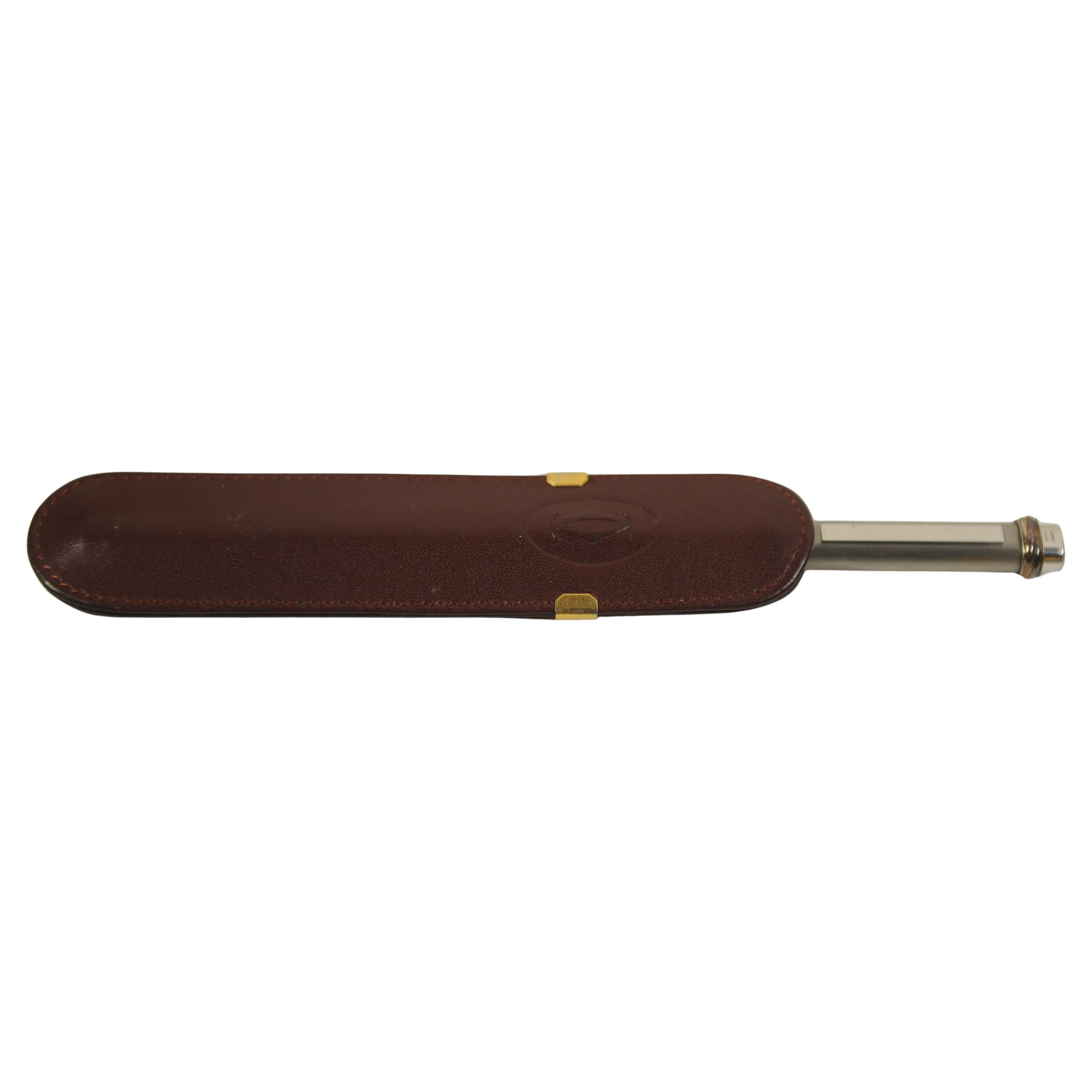 Silver Plate Cartier 18ct Gold Plate Nib Vendome Trinity Brushed Ballpoint Pen, Leather Case For Sale