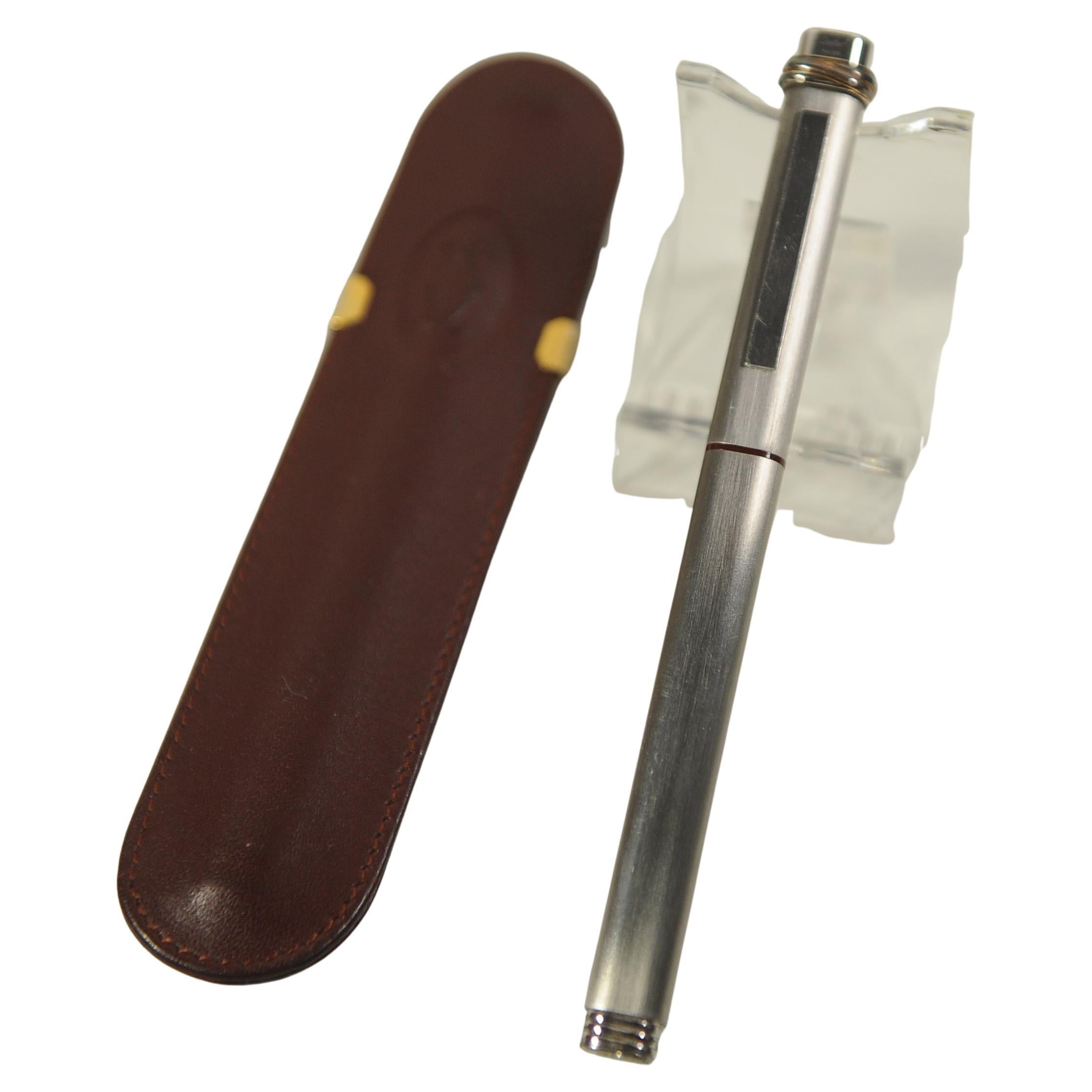 French Cartier 18ct Gold Plate Nib Vendome Trinity Brushed Ballpoint Pen, Leather Case For Sale