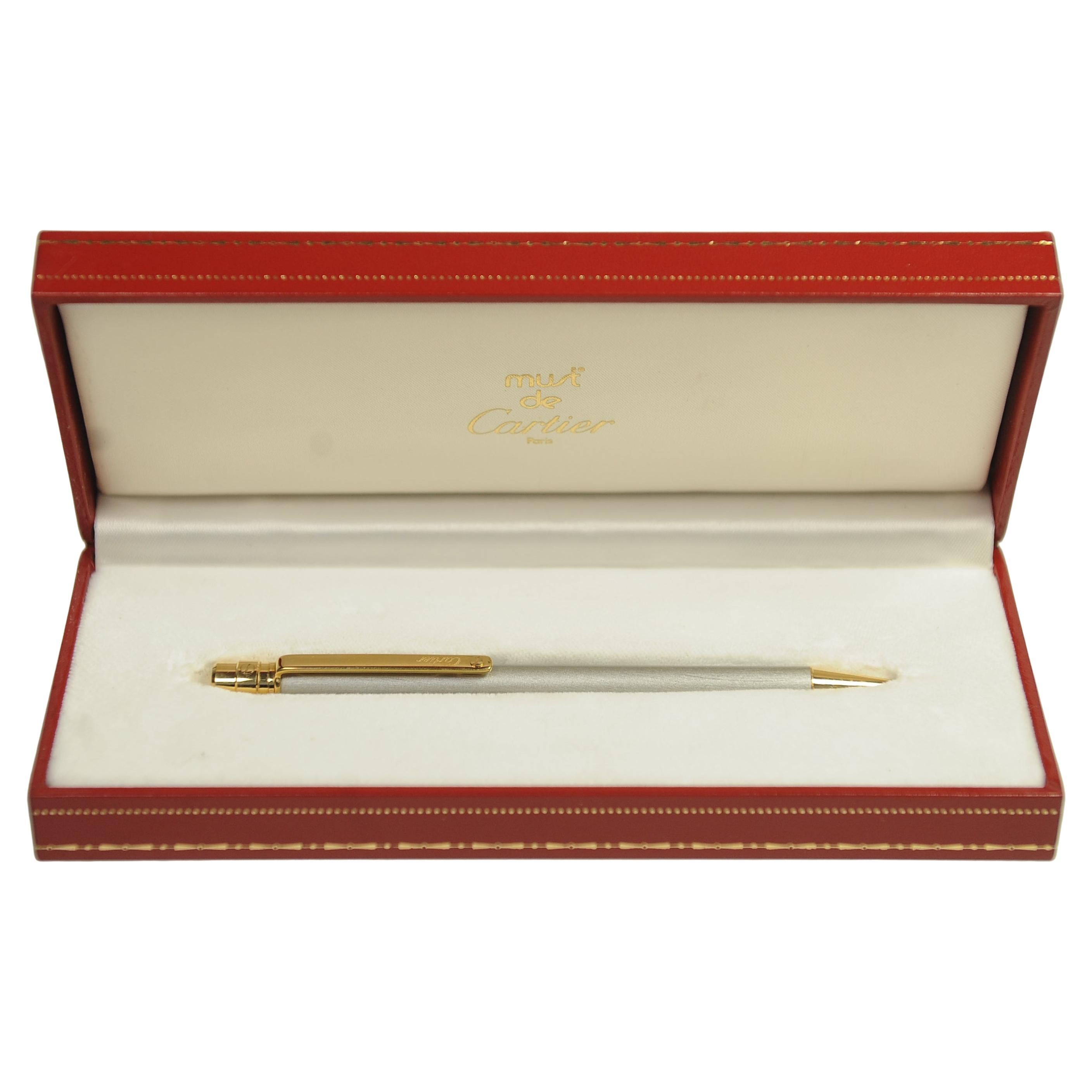 Cartier Santos 18ct Gold Plated & Brushed Steel Ballpoint Pen in Original Box For Sale 6