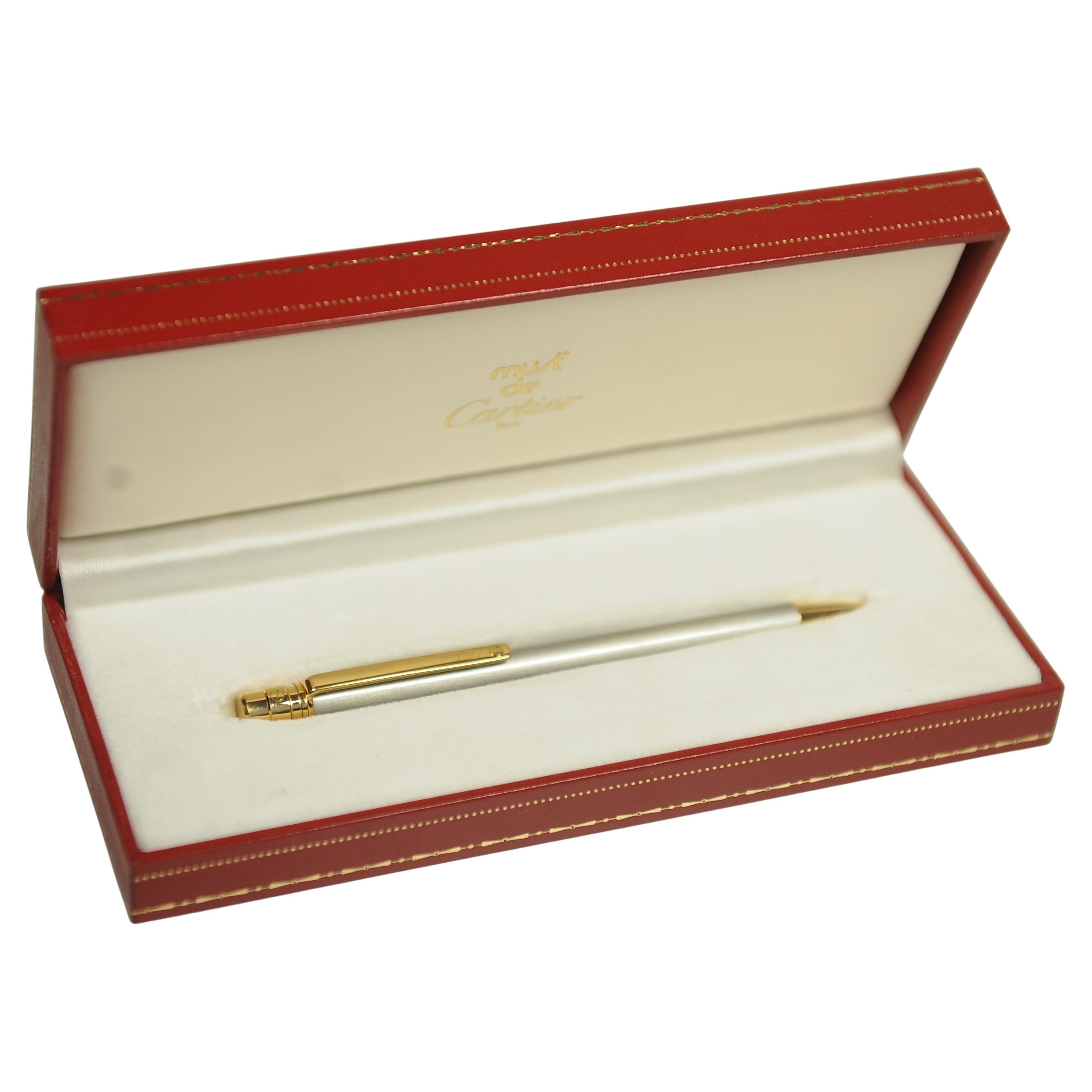 Cartier Santos 18ct Gold Plated & Brushed Steel Ballpoint Pen in Original Box For Sale 5