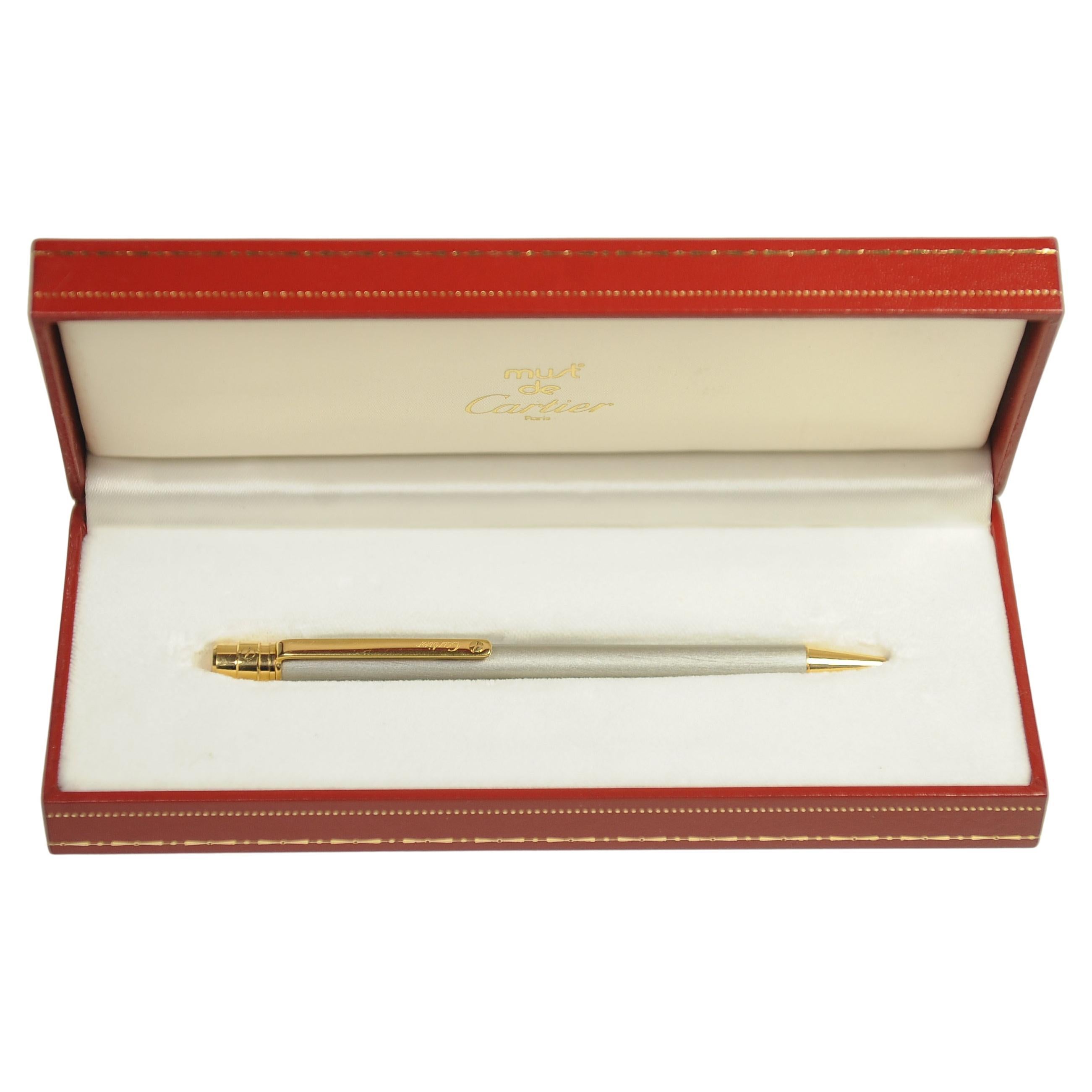 Cartier Santos 18ct Gold Plated & Brushed Steel Ballpoint Pen in Original Box For Sale 4