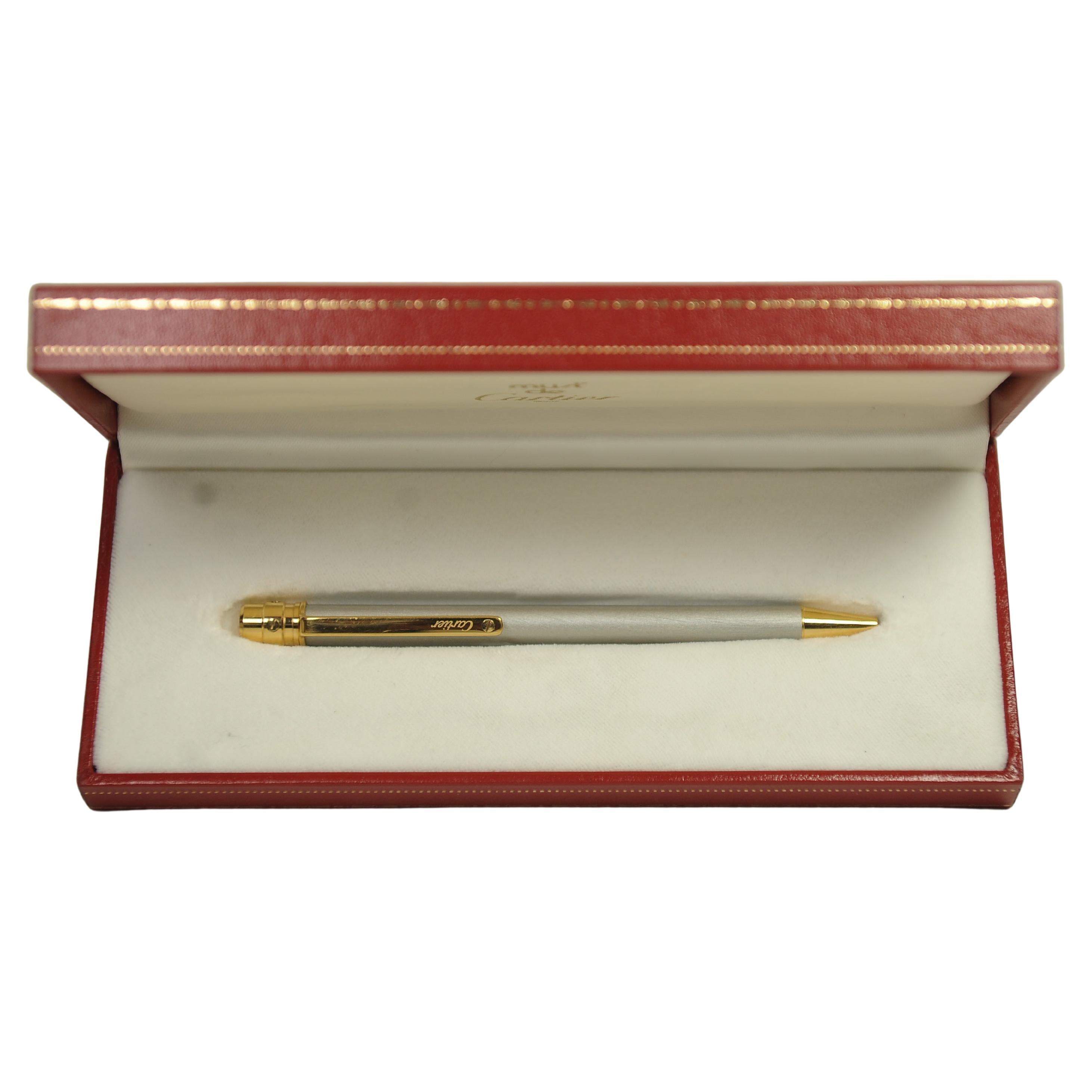 Cartier Santos 18ct Gold Plated & Brushed Steel Ballpoint Pen in Original Box For Sale 3