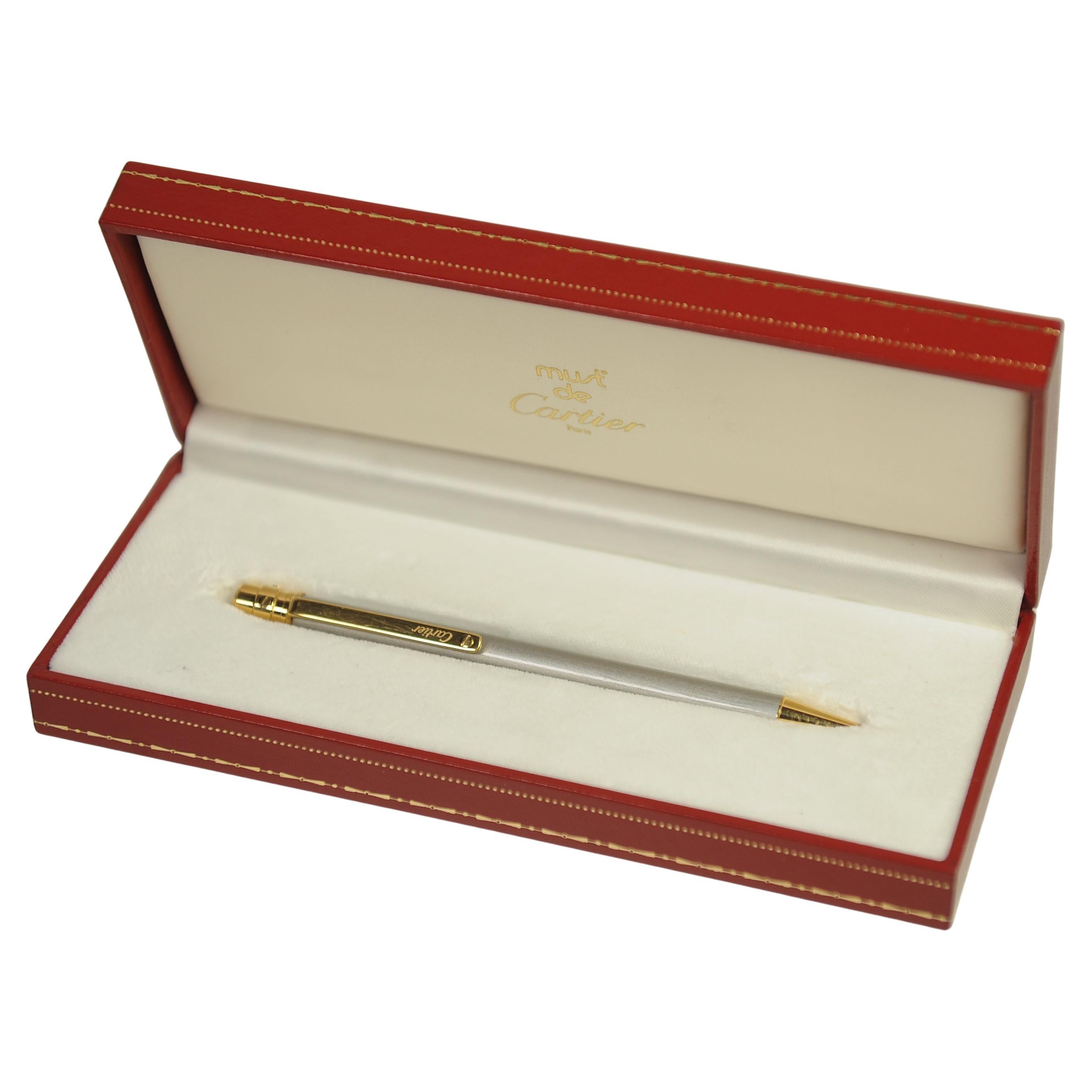 Cartier Santos 18ct Gold Plated & Brushed Steel Ballpoint Pen in Original Box For Sale 2