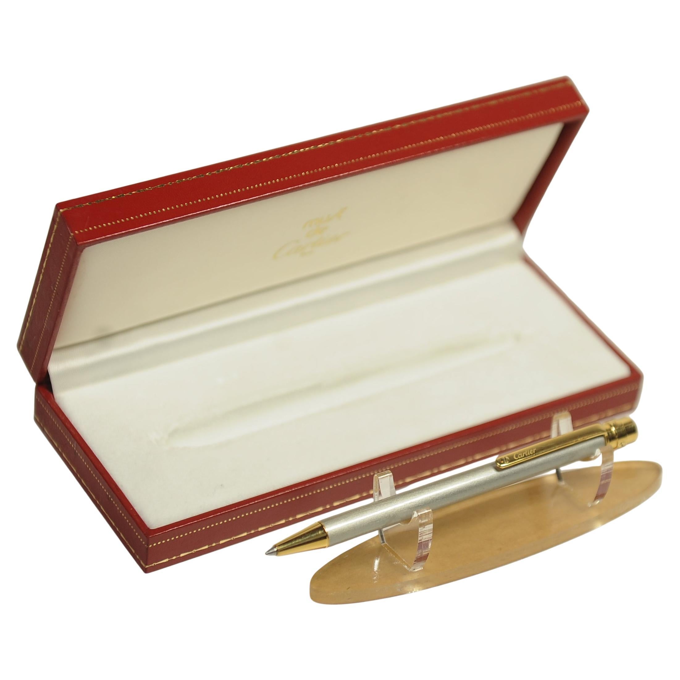 Cartier Santos 18ct Gold Plated & Brushed Steel Ballpoint Pen in Original Box For Sale 1