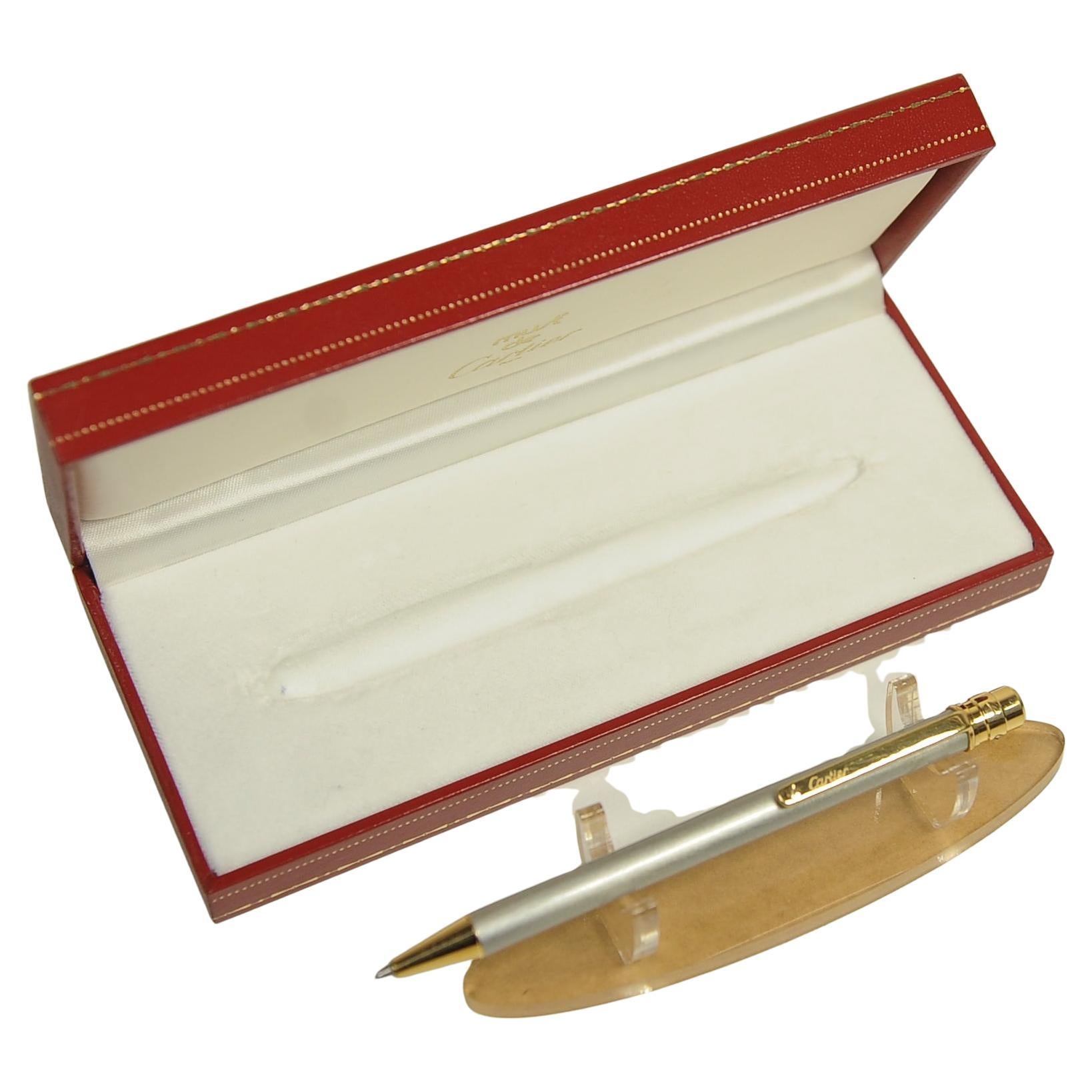 Contemporary Cartier Santos 18ct Gold Plated & Brushed Steel Ballpoint Pen in Original Box For Sale