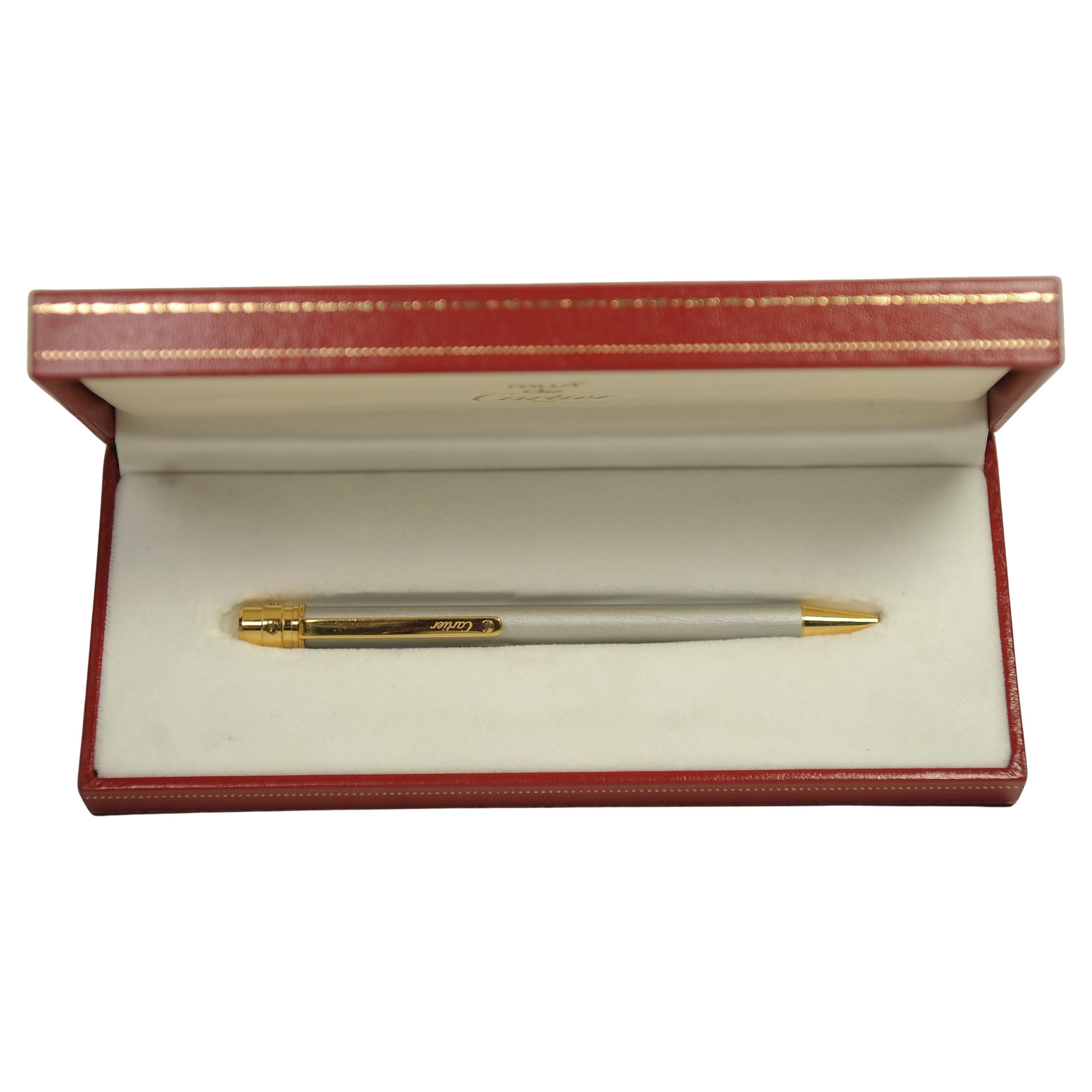 Cartier Santos 18ct Gold Plated & Brushed Steel Ballpoint Pen in Original Box In Good Condition For Sale In Reading, Berkshire