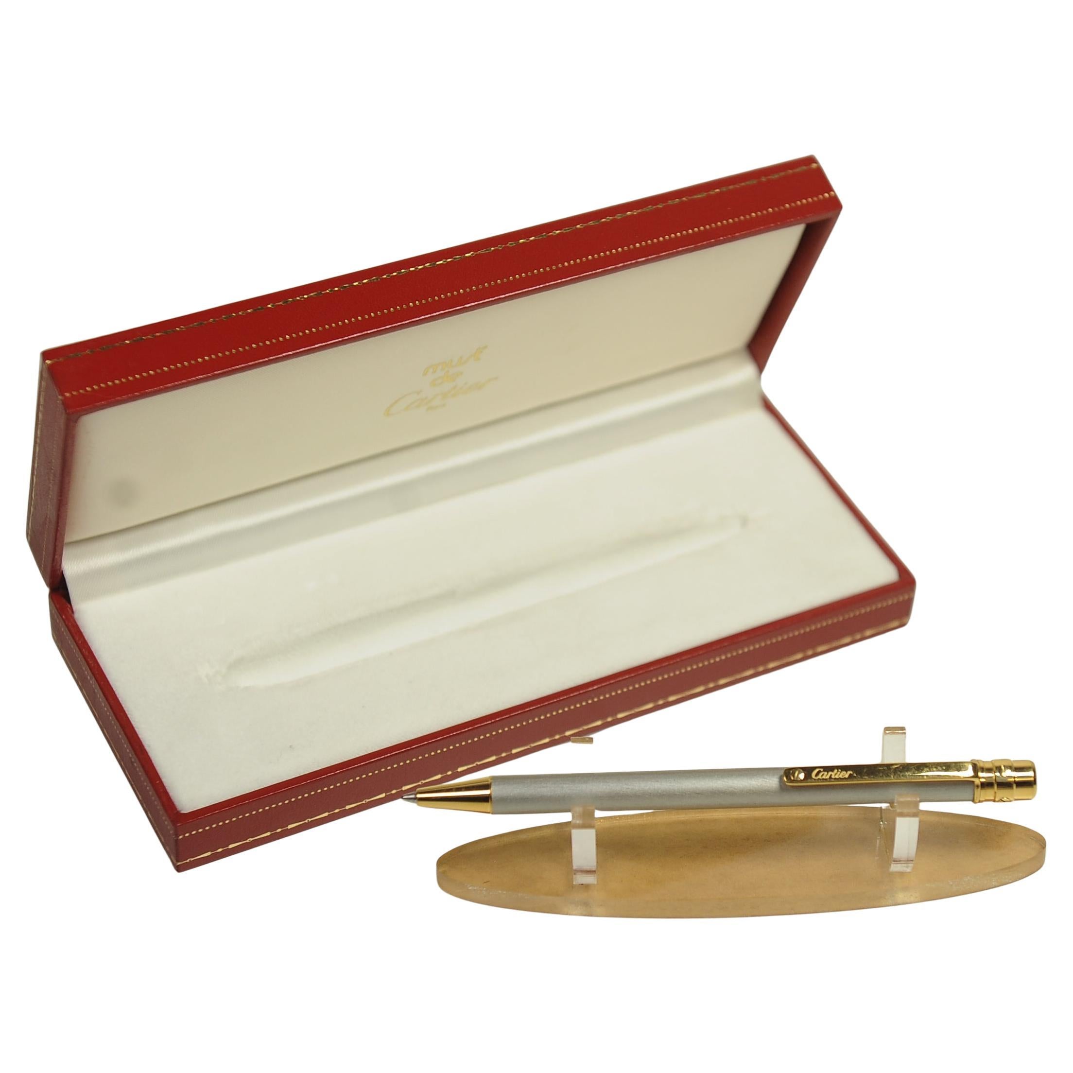 French Cartier Santos 18ct Gold Plated & Brushed Steel Ballpoint Pen in Original Box For Sale