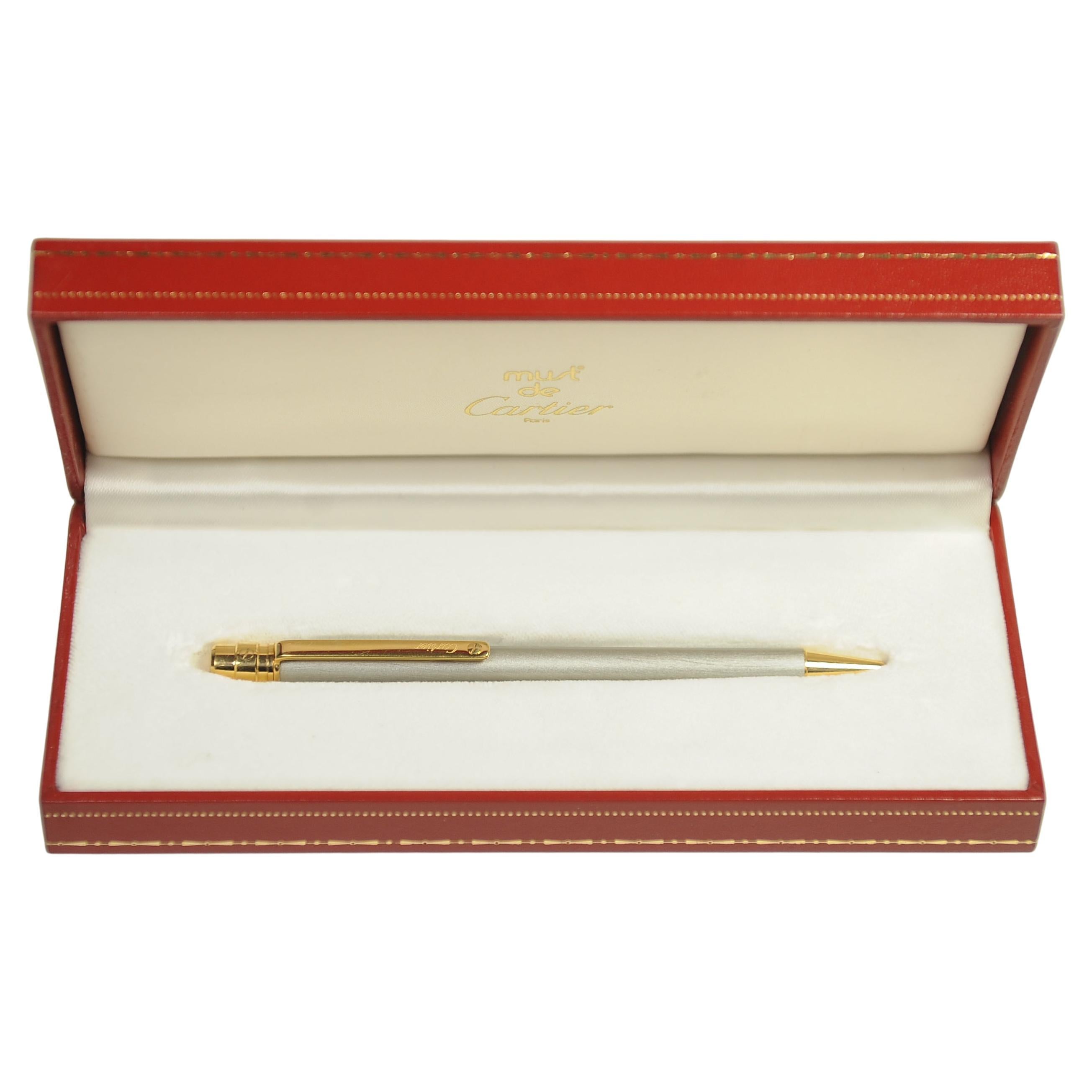 Art Deco Cartier Santos 18ct Gold Plated & Brushed Steel Ballpoint Pen in Original Box For Sale