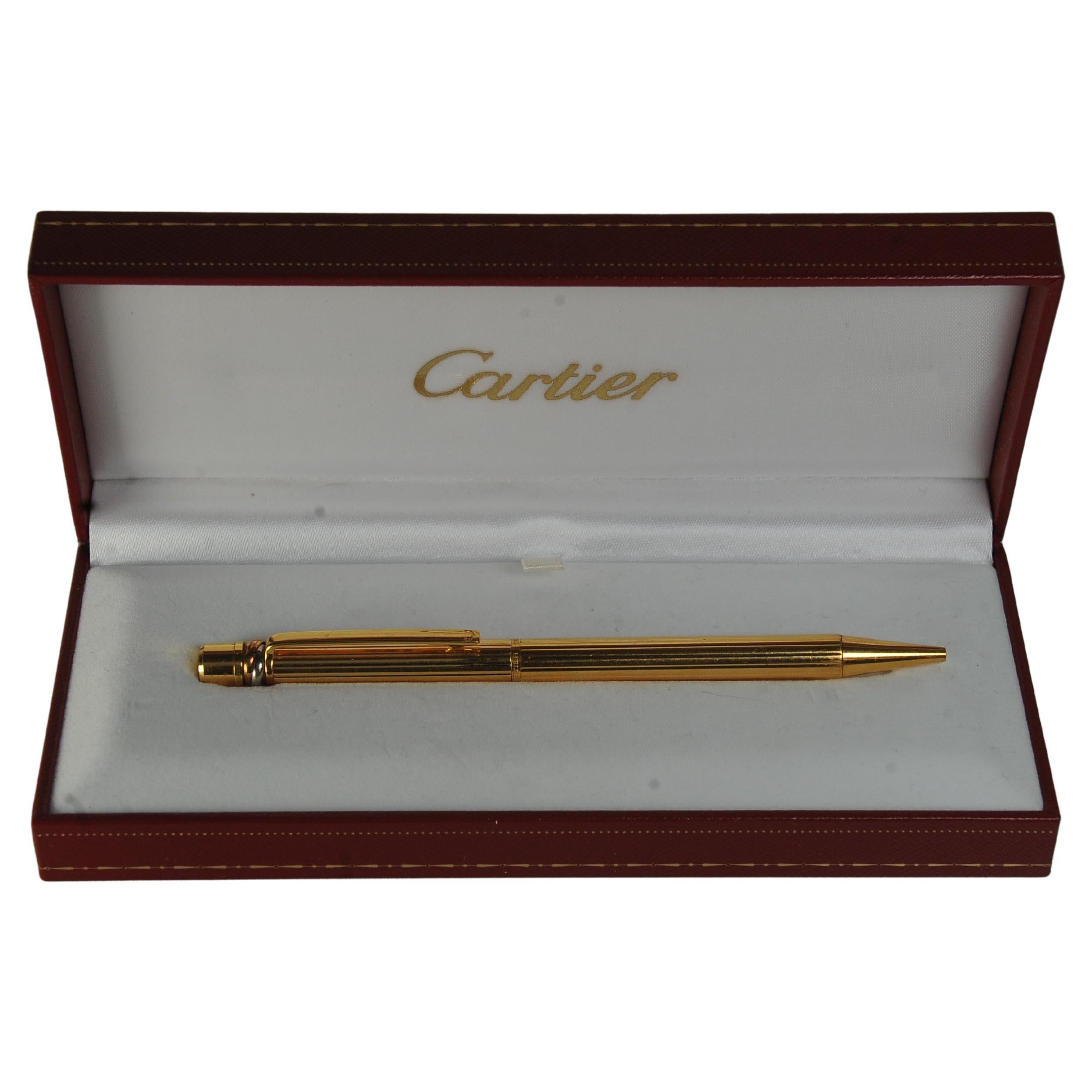Art déco Cartier 18ct Gold Plated Ribbed Trinity Ballpoint Pen in Original Cartier Box en vente