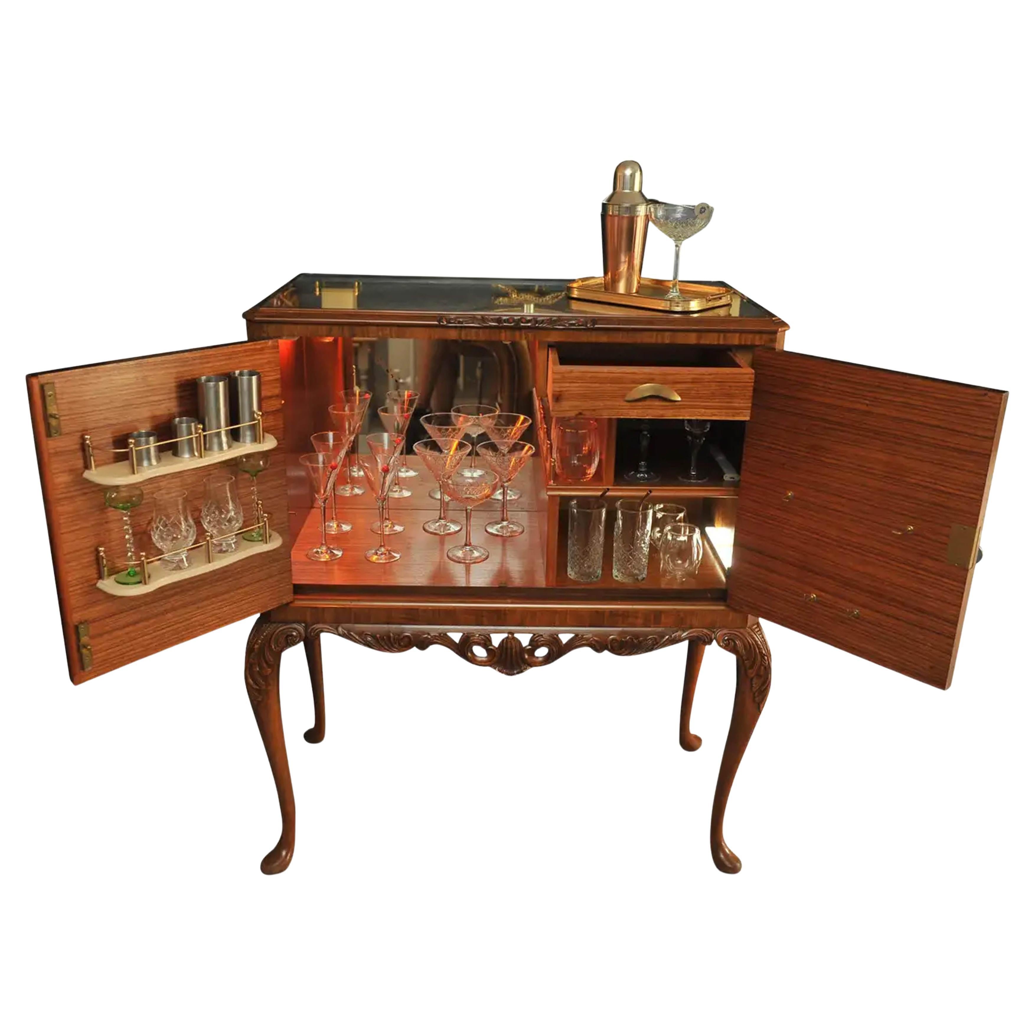 Queen Anne A Luxurious Burr Walnut Cocktail Cabinet With Light & Fitted Mirrored Interior For Sale