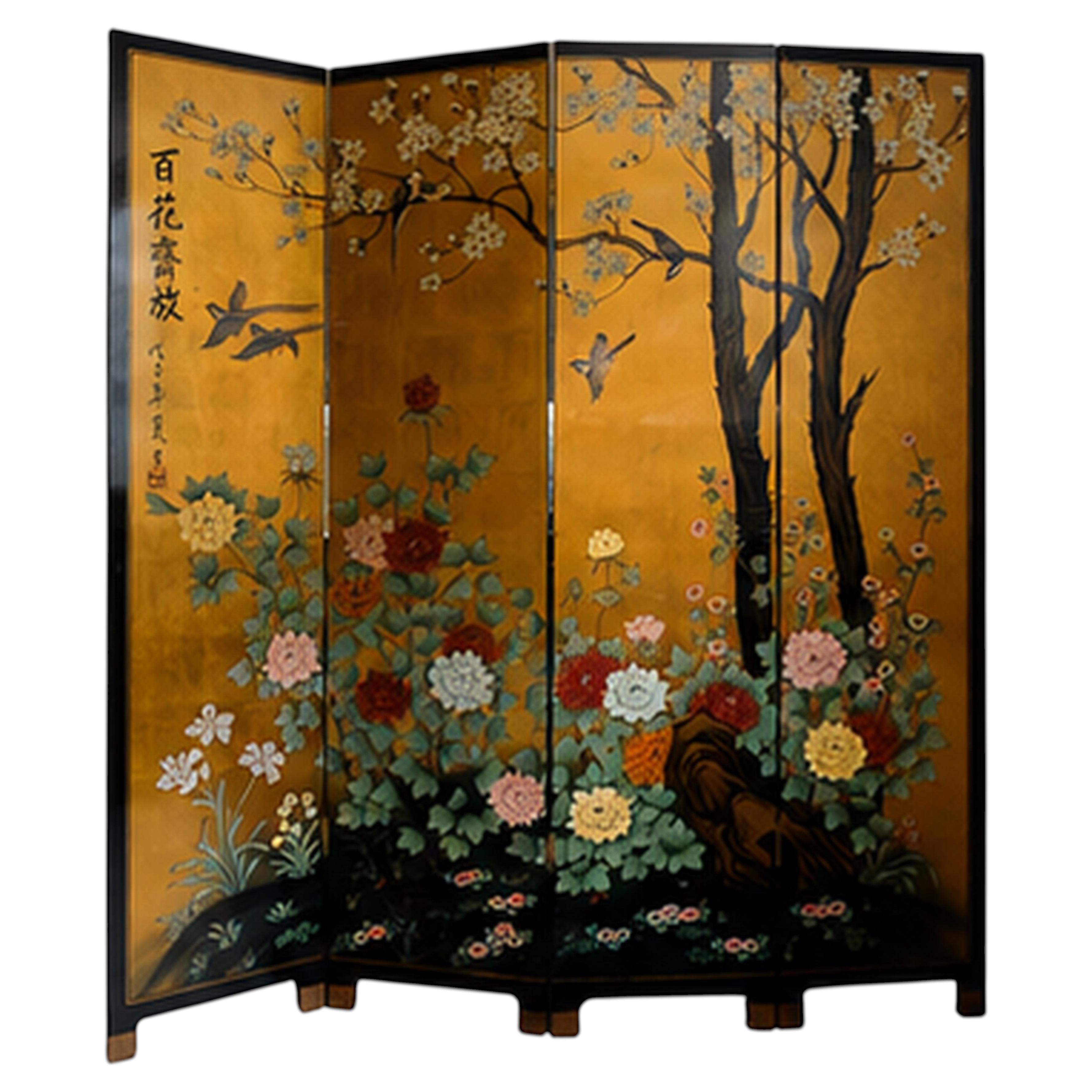 Séparation de pièce en laque de Chine à motif floral, quadruple pliage, pieds en laiton