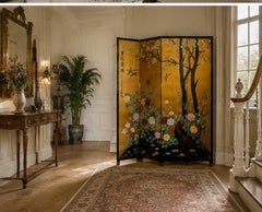 Lacquer De Chine Floral Room Divider, Four-Fold, Brass Feet