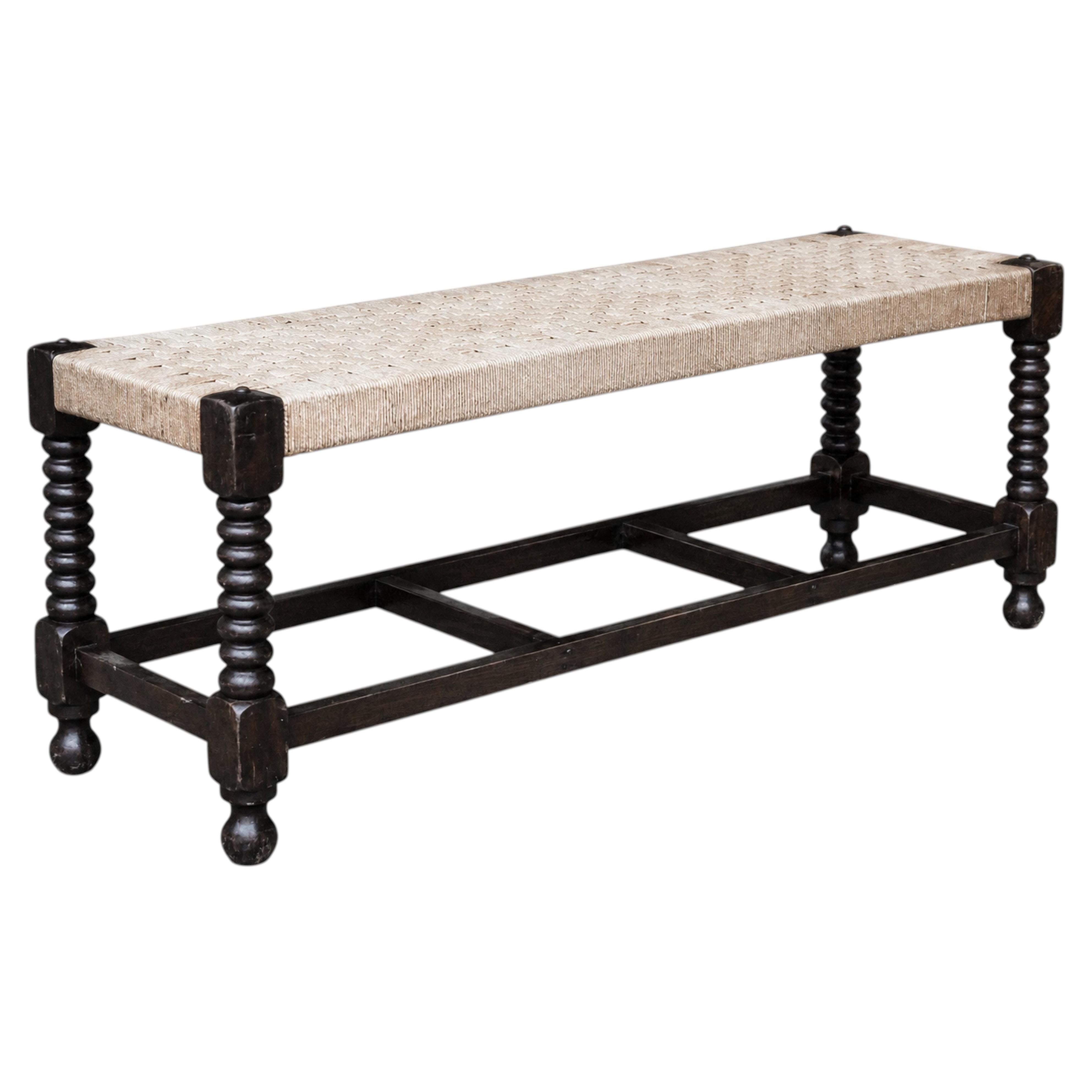 19th Century Victorian Oak Bobbin Leg Rush Seat Bench, English Antique For Sale