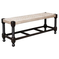 19th Century Victorian Oak Bobbin Leg Rush Seat Bench, English Antique