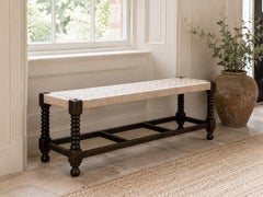 19th Century Victorian Oak Bobbin Leg Rush Seat Bench, English Antique