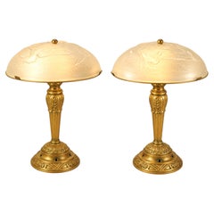 French Art Deco Table Lamps, Brass & Glass, Style of Léon Hugue, 1930