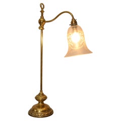 Victorian Brass Adjustable Reading Lamp with Etched Glass Shade